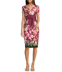 Adrianna Papell Short Sleeve Floral Print Tie Front Sheath Midi Dress