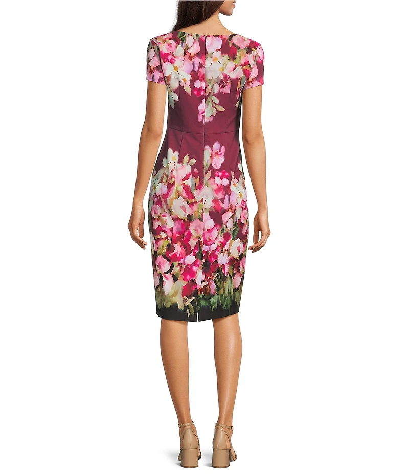 Adrianna Papell Short Sleeve Floral Print Tie Front Sheath Midi Dress