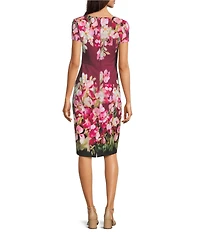 Adrianna Papell Short Sleeve Floral Print Tie Front Sheath Midi Dress