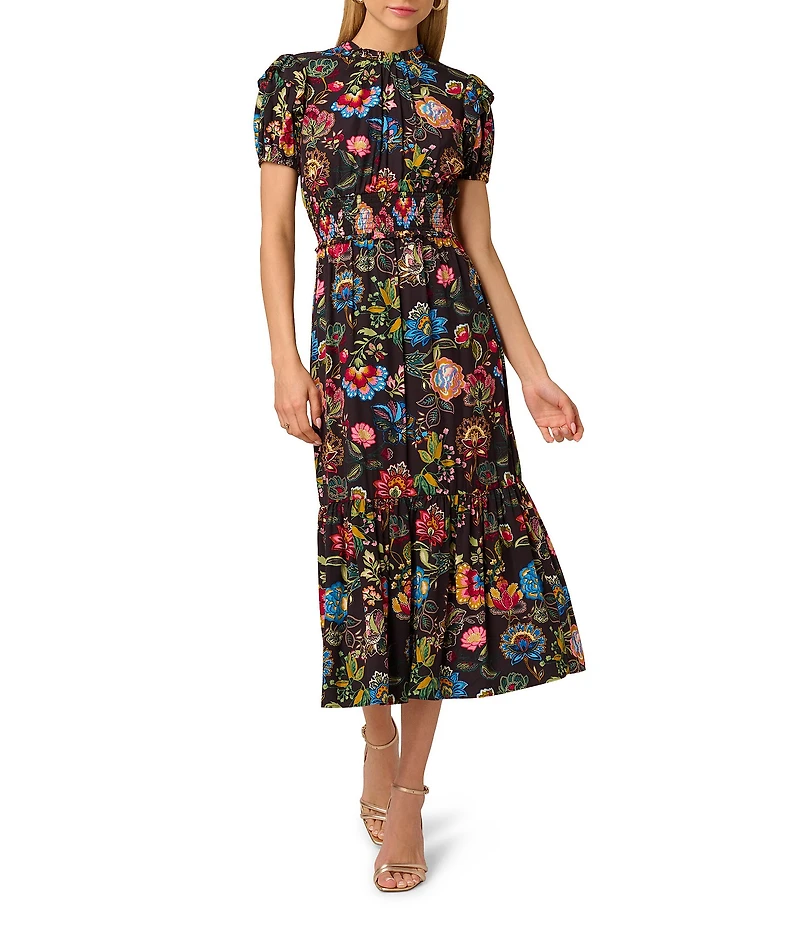 Adrianna Papell Short Sleeve Smocked Midi Floral Printed Dress