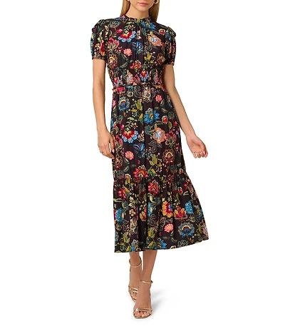 Adrianna Papell Short Sleeve Smocked Midi Floral Printed Dress