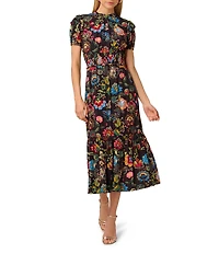 Adrianna Papell Short Sleeve Smocked Midi Floral Printed Dress