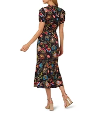 Adrianna Papell Short Sleeve Smocked Midi Floral Printed Dress