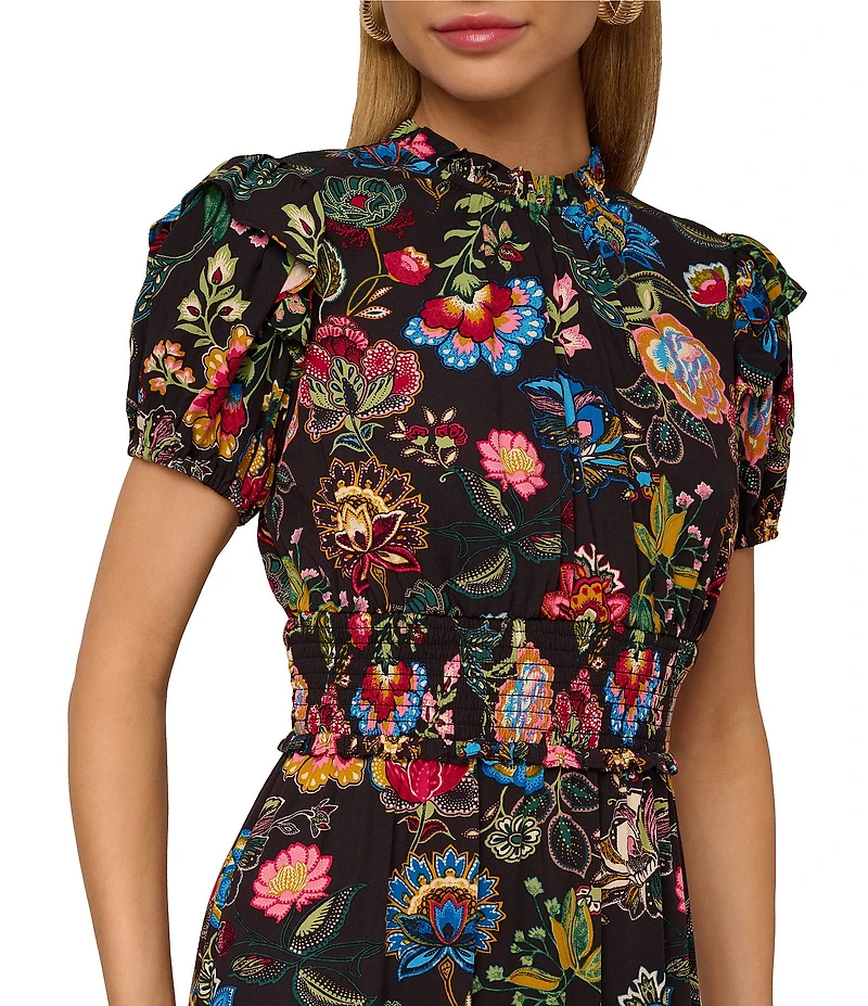 Adrianna Papell Short Sleeve Smocked Midi Floral Printed Dress