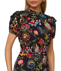 Adrianna Papell Short Sleeve Smocked Midi Floral Printed Dress