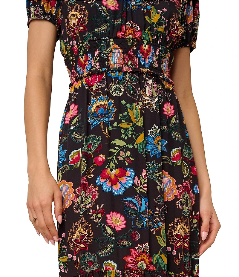 Adrianna Papell Short Sleeve Smocked Midi Floral Printed Dress