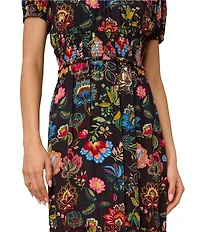 Adrianna Papell Short Sleeve Smocked Midi Floral Printed Dress