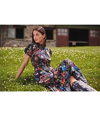 Adrianna Papell Short Sleeve Smocked Midi Floral Printed Dress
