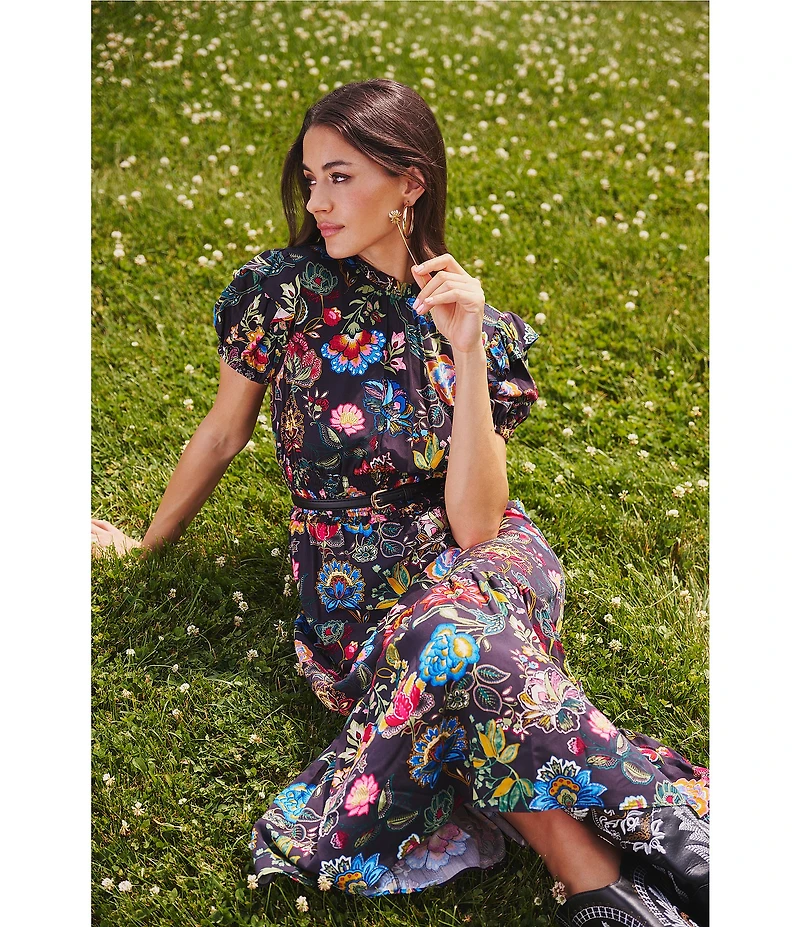 Adrianna Papell Short Sleeve Smocked Midi Floral Printed Dress