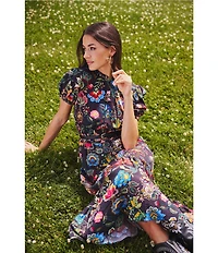 Adrianna Papell Short Sleeve Smocked Midi Floral Printed Dress