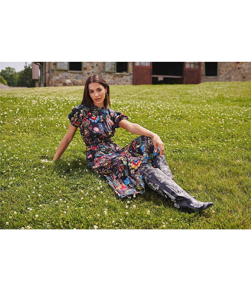 Adrianna Papell Short Sleeve Smocked Midi Floral Printed Dress