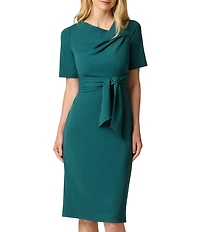 Adrianna Papell Short Sleeve Tie Waist Asymmetrical Neck Crepe Sheath Midi Dress