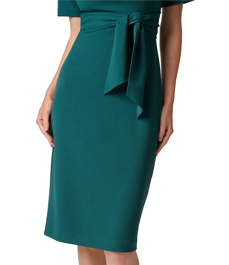 Adrianna Papell Short Sleeve Tie Waist Asymmetrical Neck Crepe Sheath Midi Dress