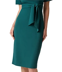 Adrianna Papell Short Sleeve Tie Waist Asymmetrical Neck Crepe Sheath Midi Dress