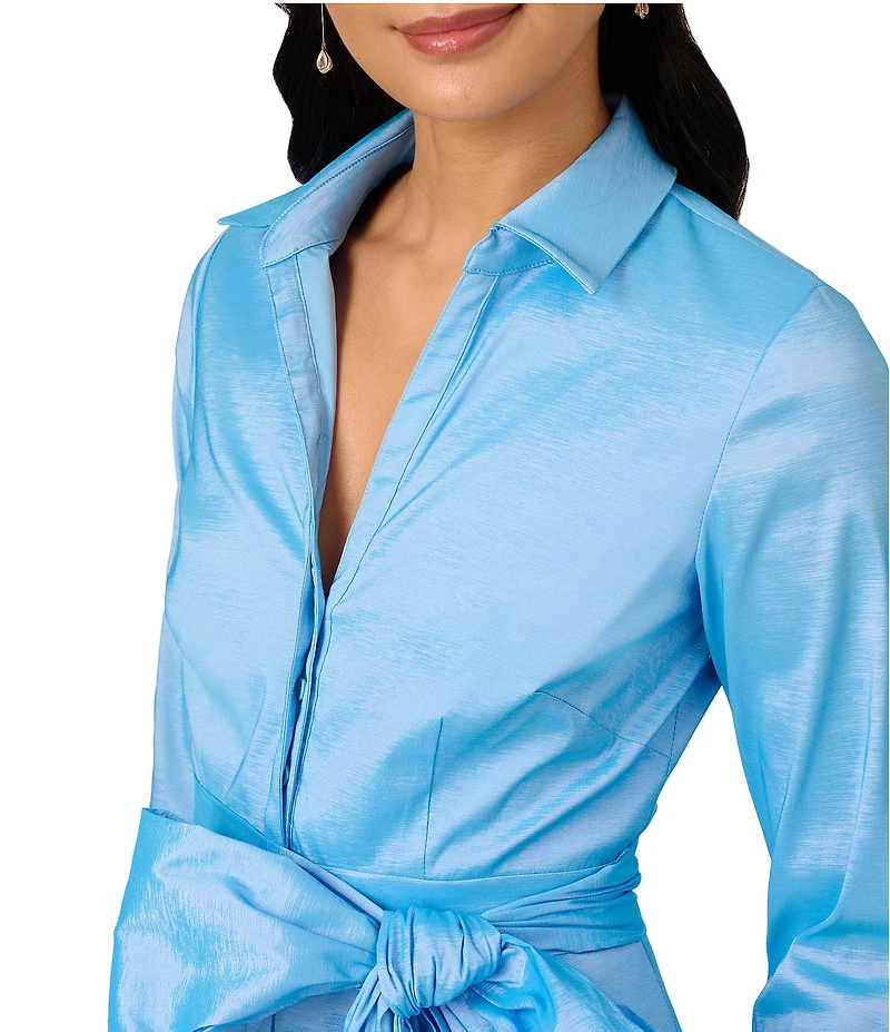 Adrianna Papell Silky Taffeta Collared V-Neck Oversize Bow Sash 3/4 Sleeve Button Front Shirt Midi Dress