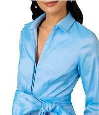 Adrianna Papell Silky Taffeta Collared V-Neck Oversize Bow Sash 3/4 Sleeve Button Front Shirt Midi Dress