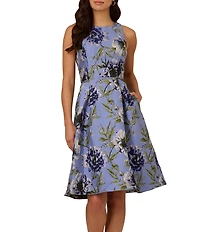 Adrianna Papell Sleeveless Beaded Metallic Floral Jacquard Knee Length Dress