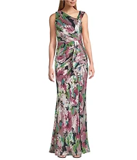 Adrianna Papell Sleeveless Floral Print L-Neck Gown