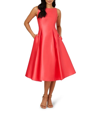 Adrianna Papell Boat Neck Sleeveless A-Line Taffeta Midi Dress