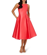 Adrianna Papell Boat Neck Sleeveless A-Line Taffeta Midi Dress