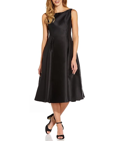 Adrianna Papell Boat Neck Sleeveless A-Line Taffeta Midi Dress