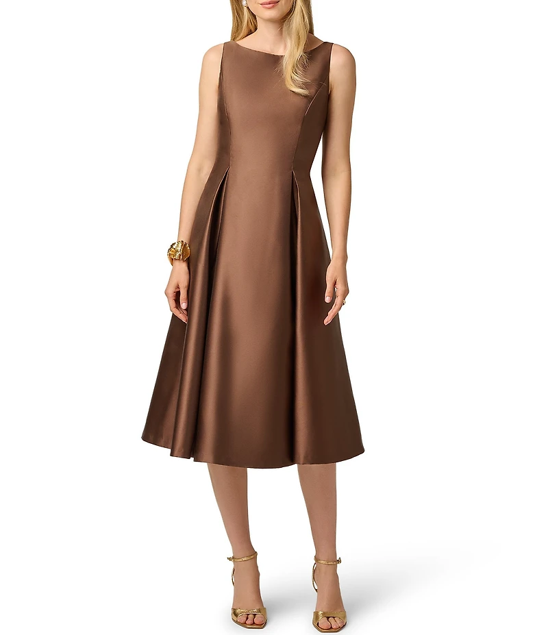 Adrianna Papell Boat Neck Sleeveless A-Line Taffeta Midi Dress