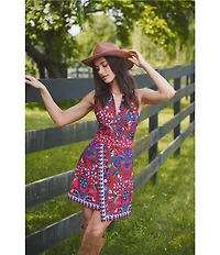 Adrianna Papell Sleeveless Printed Faux Wrap Belted Short Dress