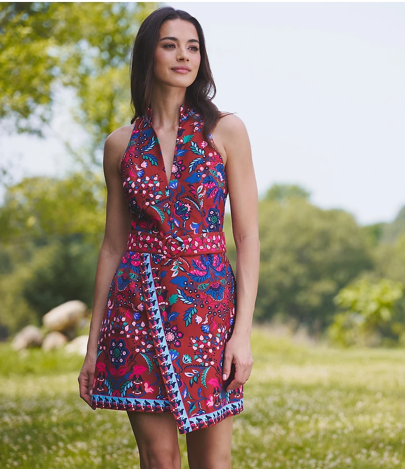 Adrianna Papell Sleeveless Printed Faux Wrap Belted Short Dress