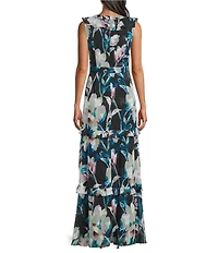 Adrianna Papell Sleeveless Ruffle V-Neck Floral Print Chiffon High-Low Hem Dress
