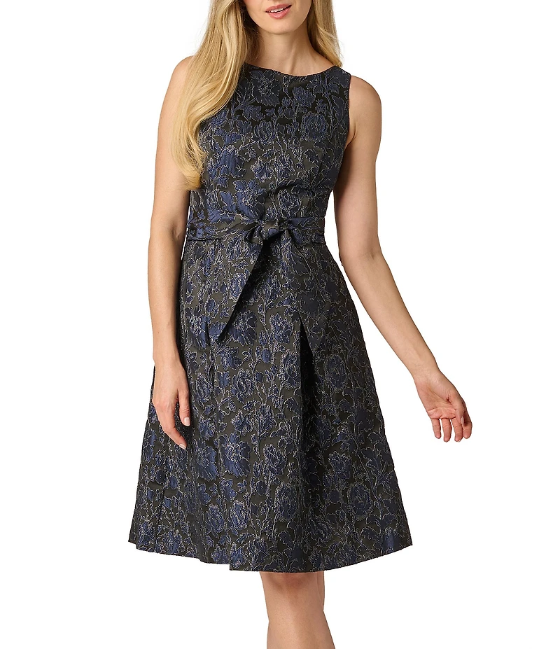 Adrianna Papell Sleeveless Tie Front Metallic Jacquard Dress
