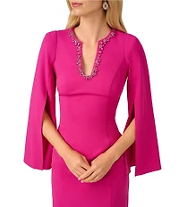 Adrianna Papell Solid Crepe Jewel Embellished Split V-Neck Long Sleeve Sheath Dress