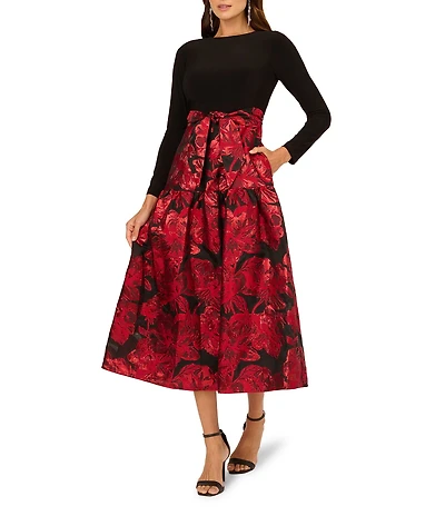 Adrianna Papell Solid Stretch Jersey Long Sleeve Jacquard Metallic Floral Skirt Midi Gown