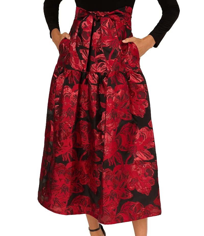 Adrianna Papell Solid Stretch Jersey Long Sleeve Jacquard Metallic Floral Skirt Midi Gown