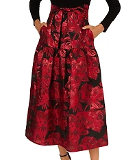 Adrianna Papell Solid Stretch Jersey Long Sleeve Jacquard Metallic Floral Skirt Midi Gown