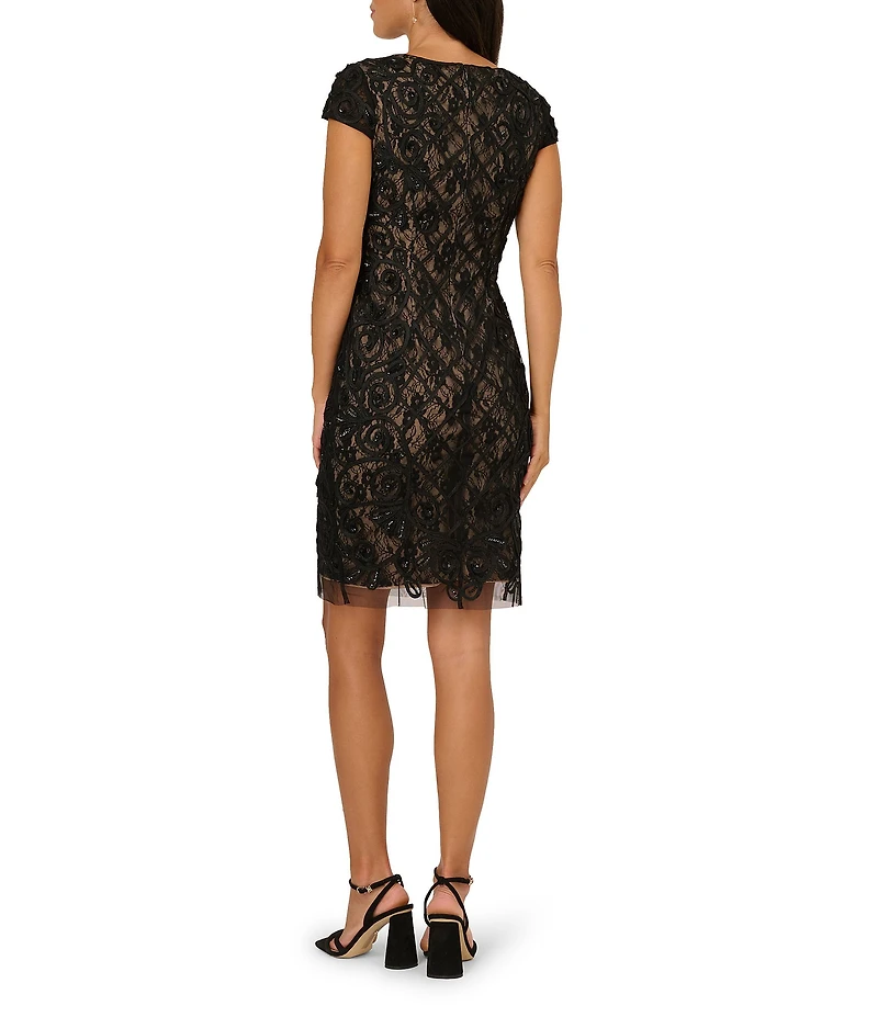 Adrianna Papell Soutache Beaded Mesh V-Neck Sleeveless Sheath Dress