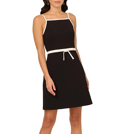Adrianna Papell Square Neck Contrast Bow Trim A-Line Crepe Dress