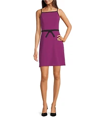 Adrianna Papell Square Neck Contrast Bow Trim A-Line Crepe Dress