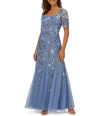 Adrianna Papell Square Neck Floral Beaded Short Sleeve Crew Neck Mesh Gown