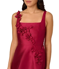 Adrianna Papell Square Neck Sleeveless 3D Flower Applique Mikado A-Line Midi Dress