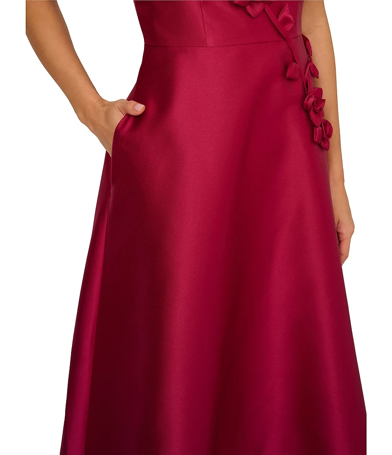 Adrianna Papell Square Neck Sleeveless 3D Flower Applique Mikado A-Line Midi Dress