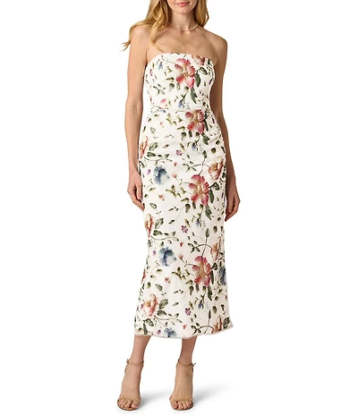 Adrianna Papell Strapless Embroidered Floral Print Long Gown