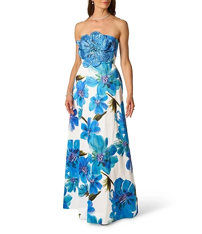 Adrianna Papell Strapless Floral Applique Dupioni Long Dress