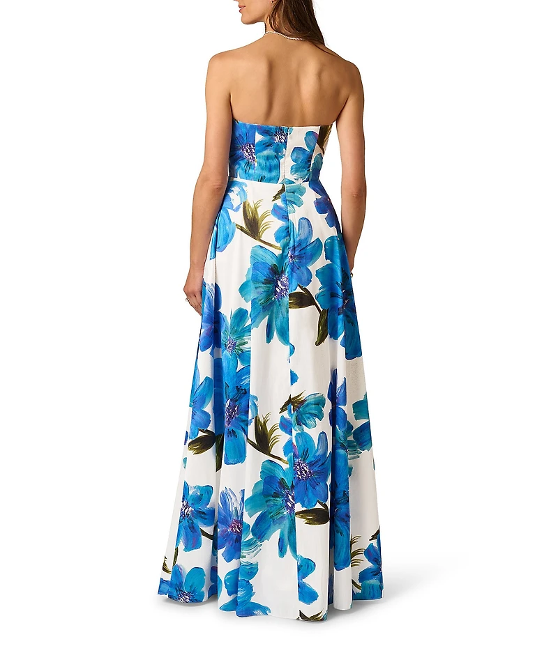 Adrianna Papell Strapless Floral Applique Dupioni Long Dress