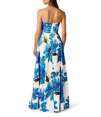 Adrianna Papell Strapless Floral Applique Dupioni Long Dress