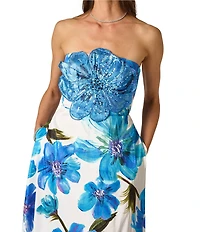 Adrianna Papell Strapless Floral Applique Dupioni Long Dress