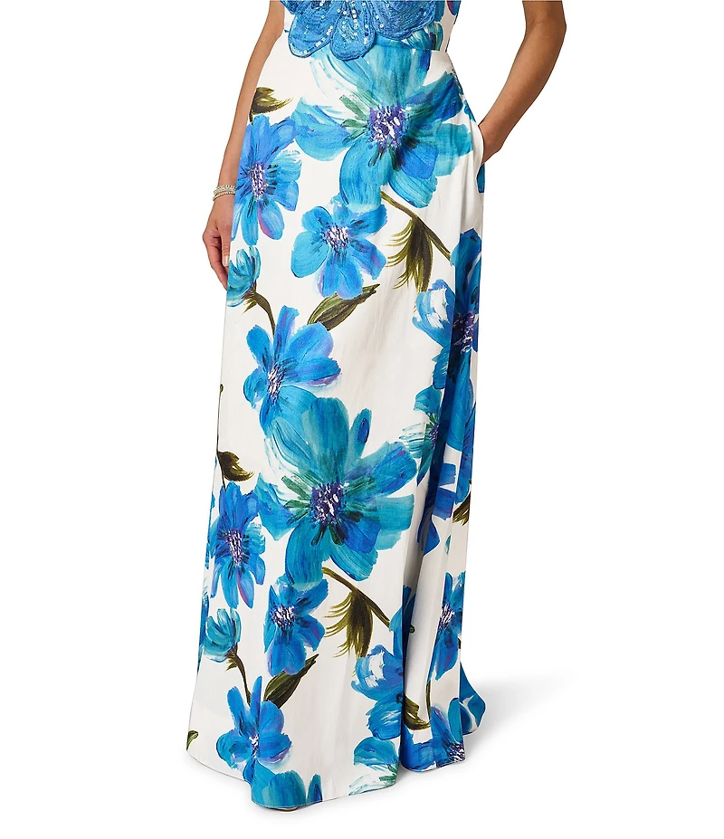 Adrianna Papell Strapless Floral Applique Dupioni Long Dress
