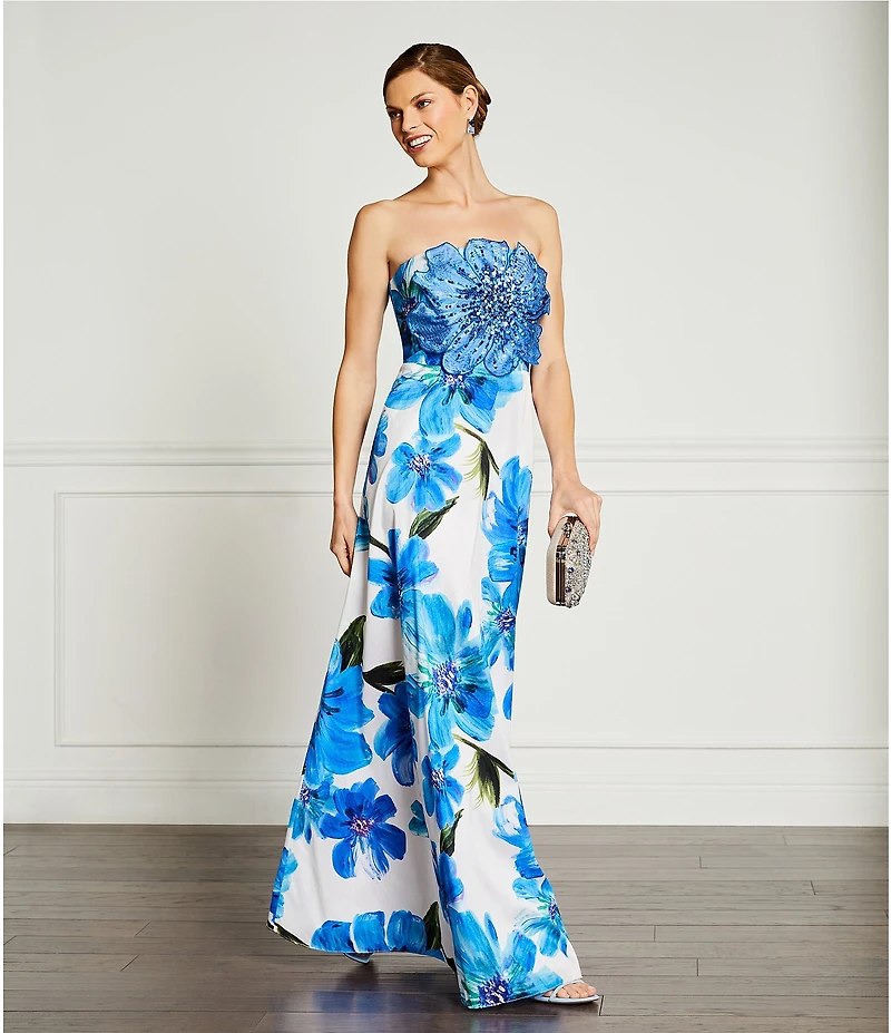 Adrianna Papell Strapless Floral Applique Dupioni Long Dress