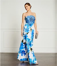 Adrianna Papell Strapless Floral Applique Dupioni Long Dress