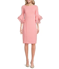 Adrianna Papell Stretch Crepe 3/4 Bell Sleeve Boat Neck Sheath Dress