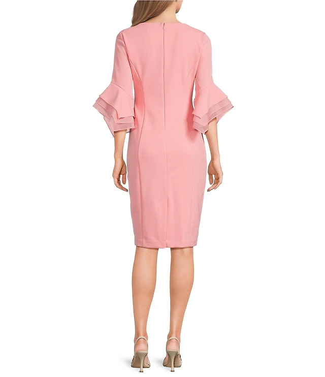 Adrianna Papell Stretch Crepe 3/4 Bell Sleeve Boat Neck Sheath Dress | Liberty Center Adrianna Papell Stretch Crepe 3/4 Bell Sleeve Boat Neck Sheath Dress | Liberty Center